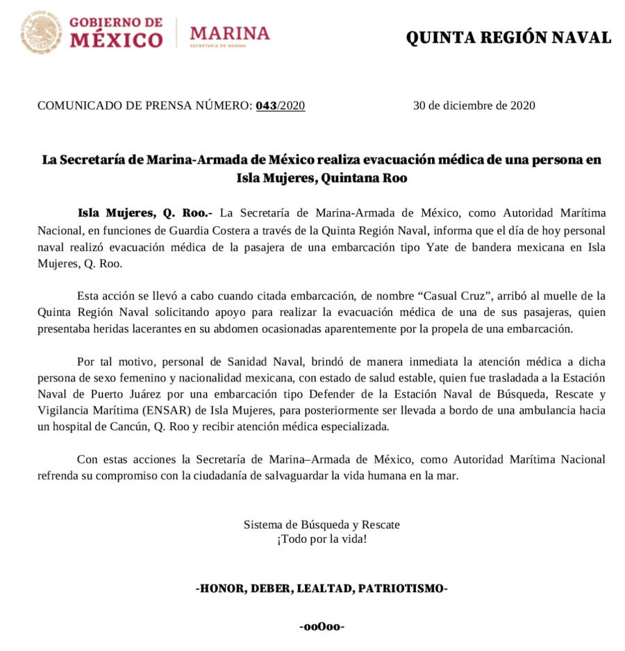Secretaría de Marina realiza evacuación médica de una persona en Isla Mujeres