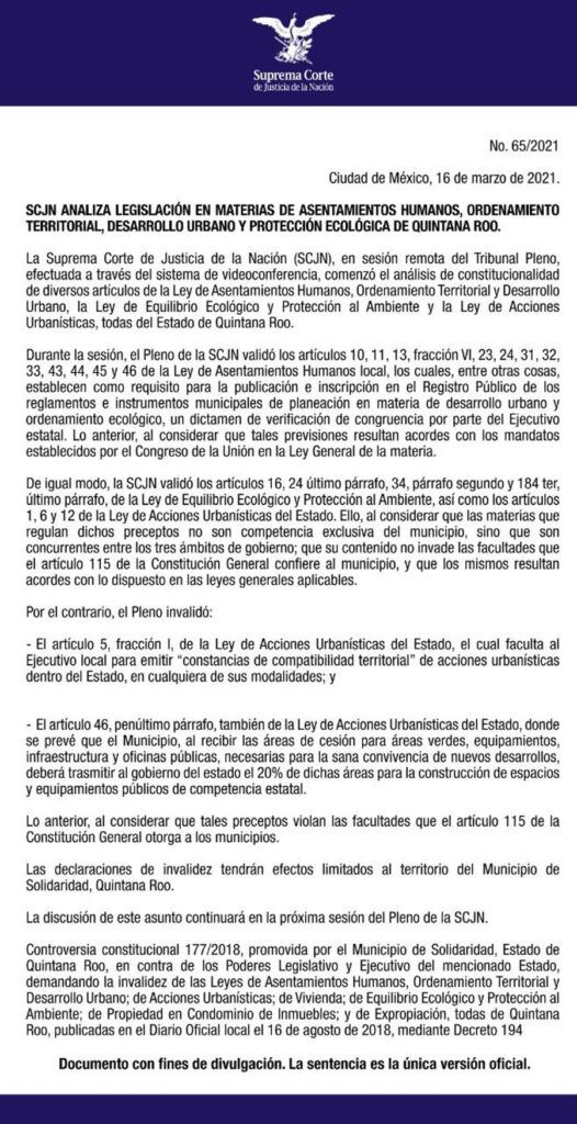SCJN inicia de revisión de la ley casitas de Quintana Roo