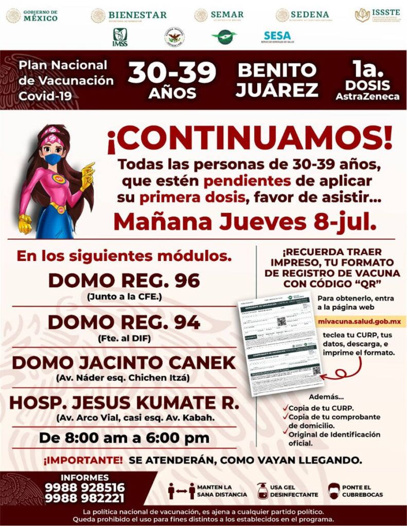 Se reinicia vacunación en Benito Juárez a personas de 30 a 39 años