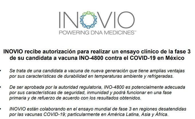Autoriza Cofepris ensayo fase 3 de la vacuna de Inovio