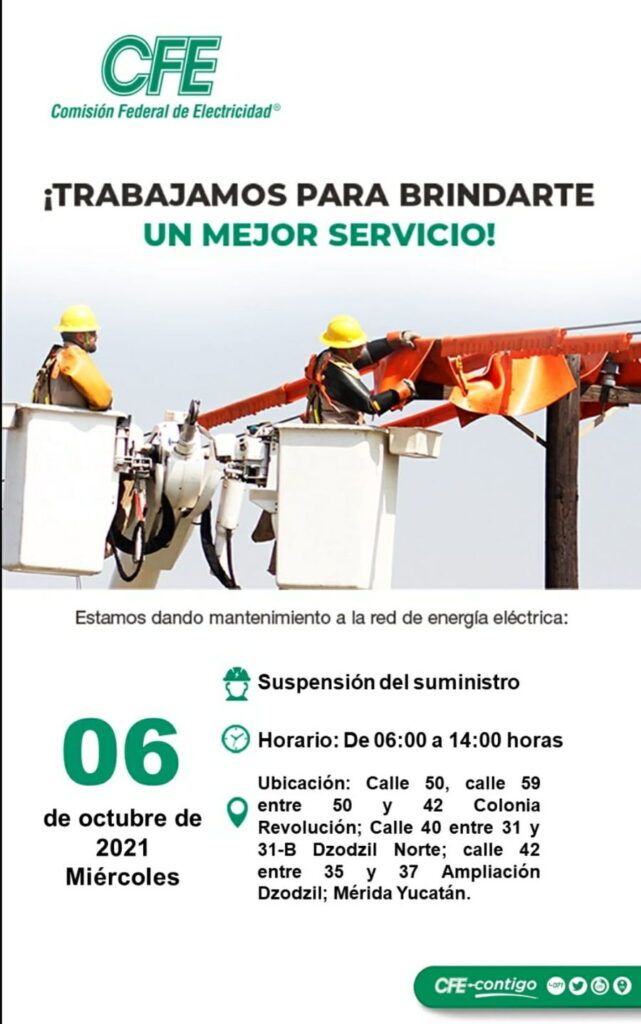 Habrá suspensión de energía eléctrica en Chetumal y Mérida