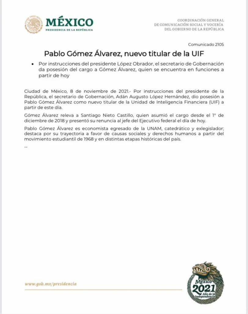 Sustituye Pablo Gómez a Santiago Nieto en la UIF