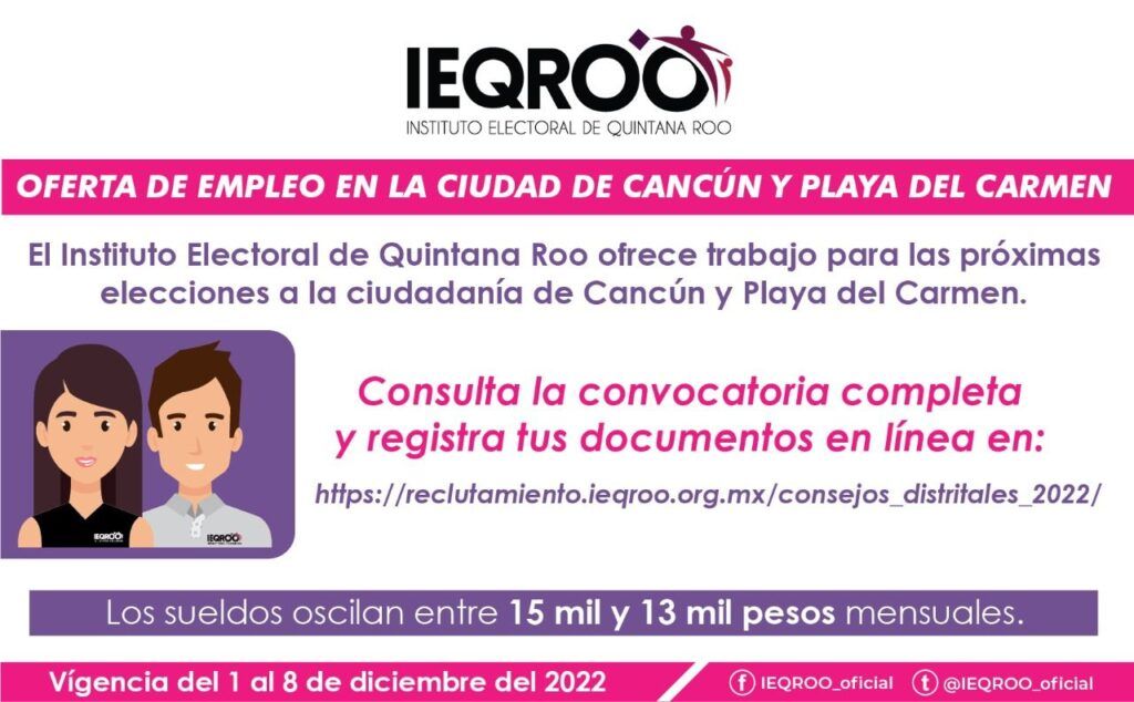 Ofrece IEQROO trabajo para próximas elecciones en Cancún y Playa del Carmen