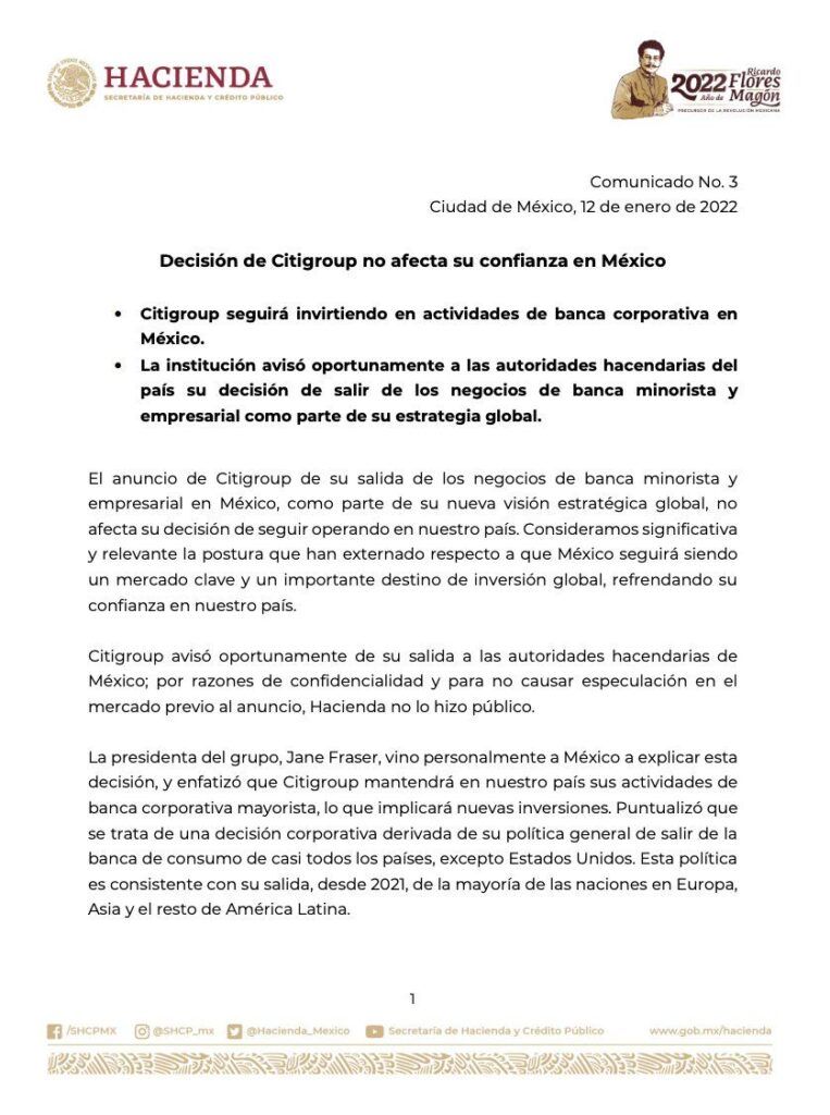 Venta de Banamex no afecta confianza de Citigroup en México: SHCP