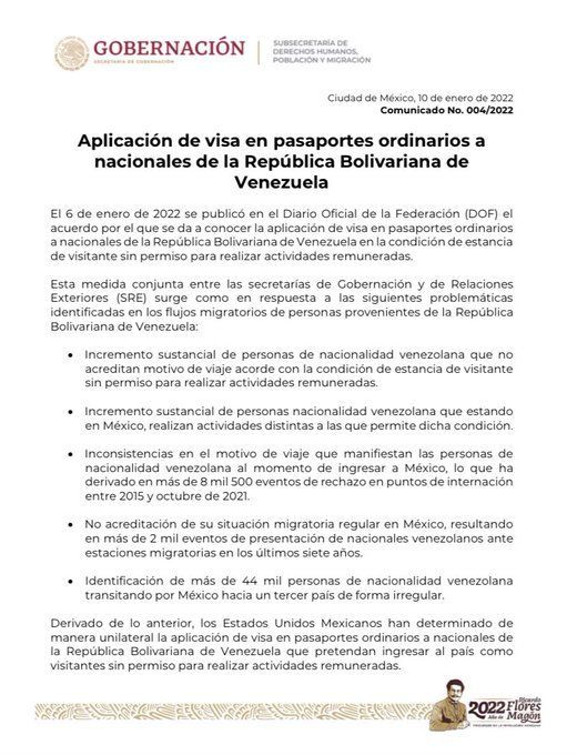 Pedirá México visa a Venezolanos a partir del 21 de enero.

