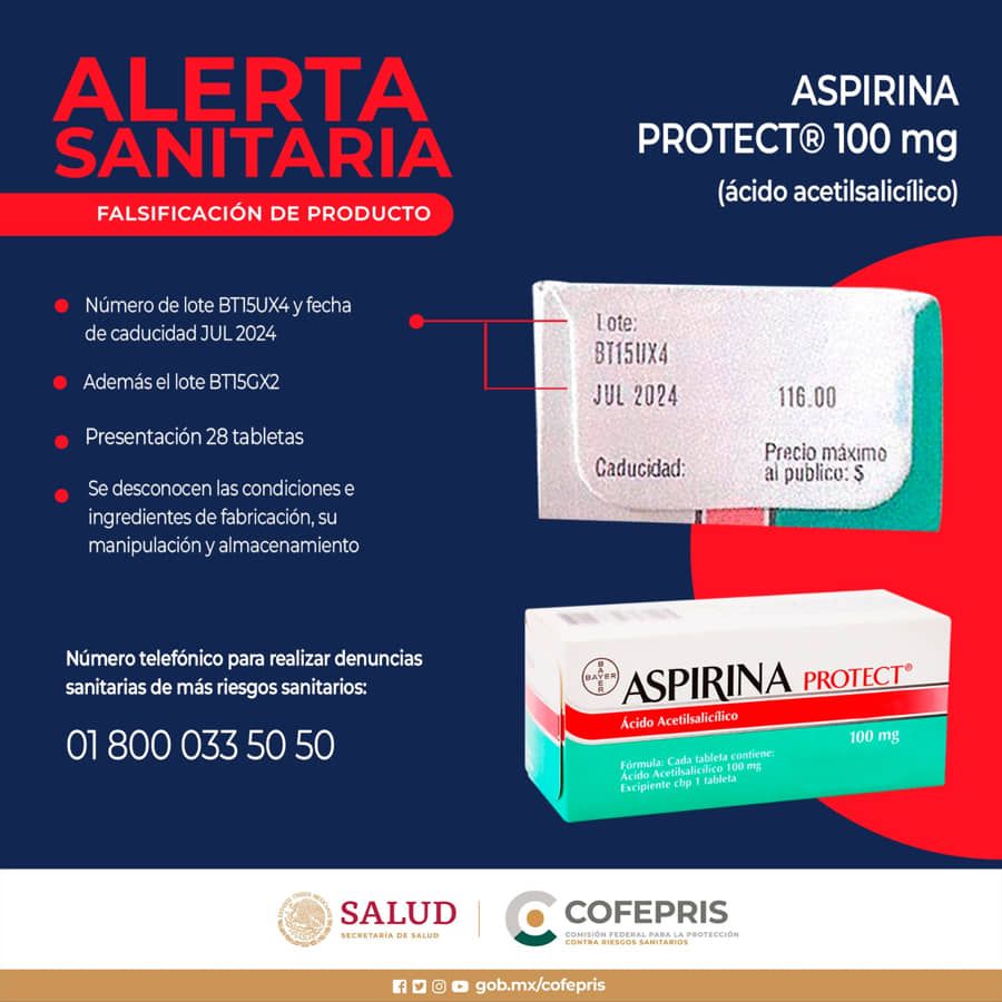 Alerta Cofepris sobre Aspirina Protect falsa
