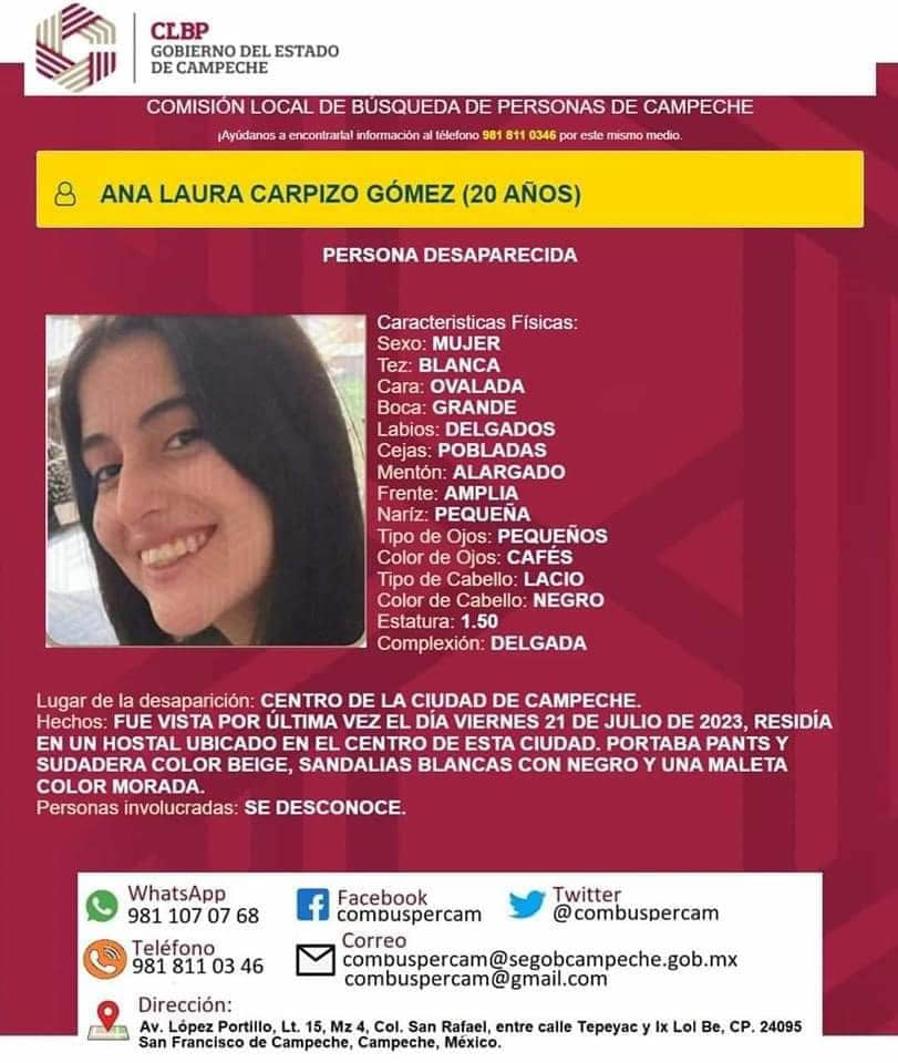 Piden ayuda para localizar a Ana Laura Carpizo Gómez
