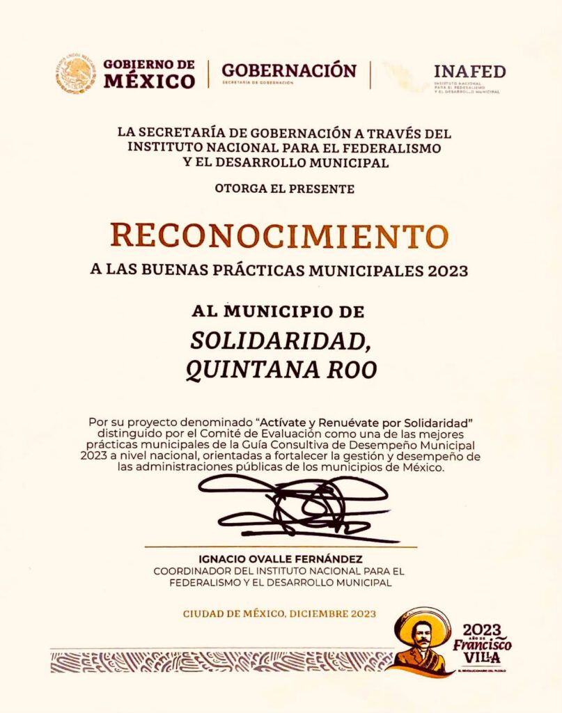 Premian a gobierno de Solidaridad por mejor desempeño en Quintana Roo