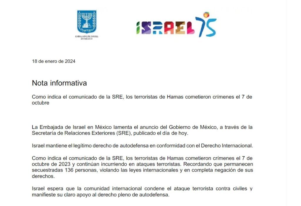 Embajada de Israel lamentó solicitud de México sobre Palestina ante la CPI
