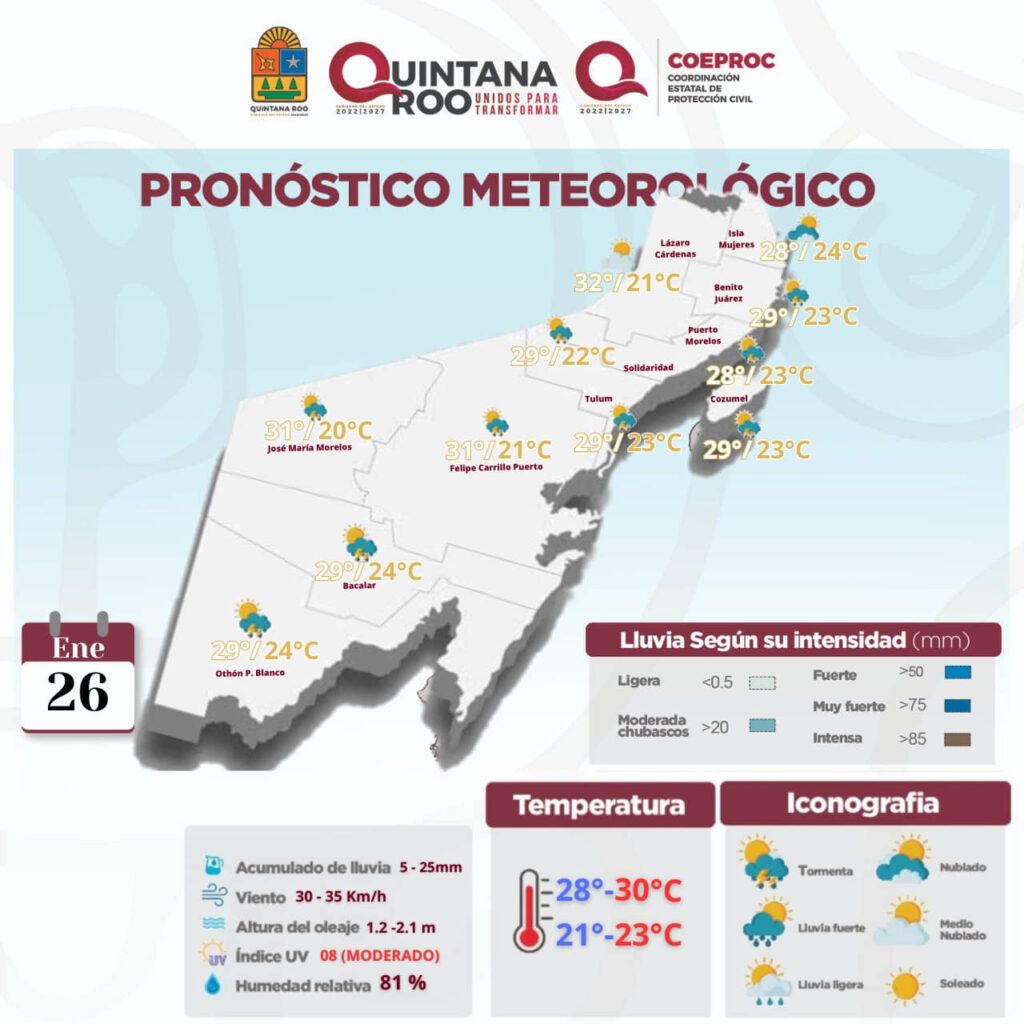 Lluvias en las próximas horas para algunos municipios de Quintana Roo