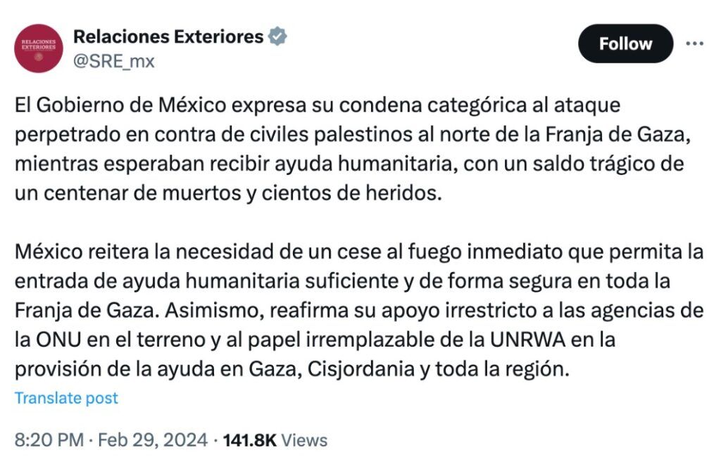 Gobierno de México Condena Ataque a Civiles en Gaza